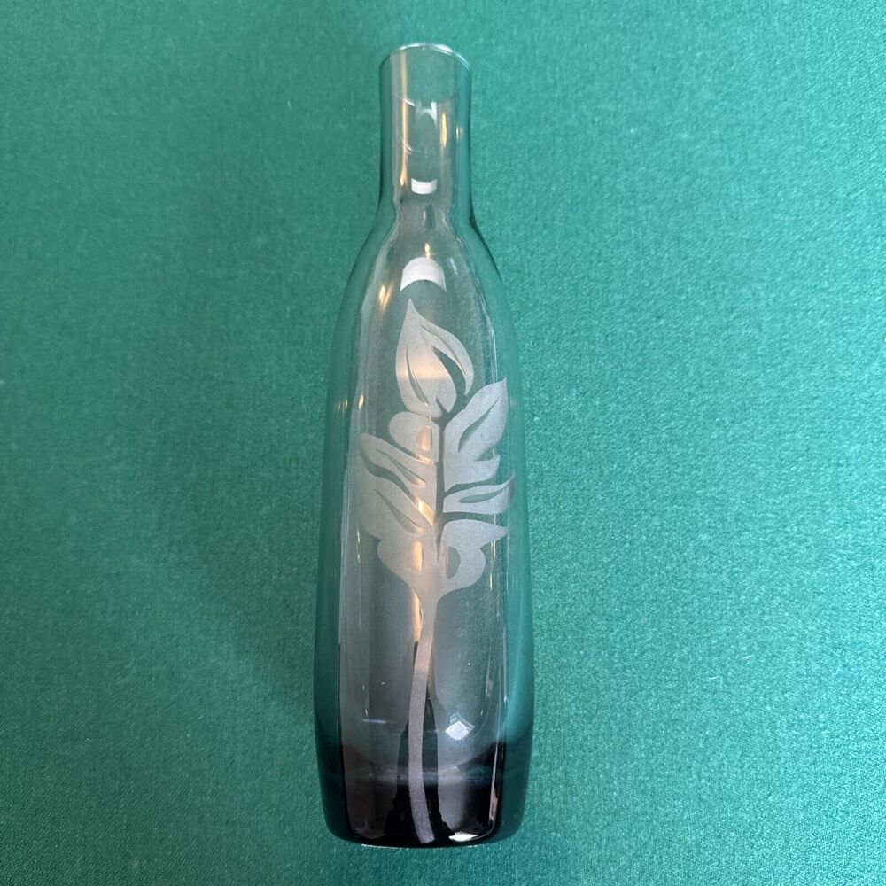 Zodax Made in Portugal Etched Glass Vase, Teal with Leaf Design